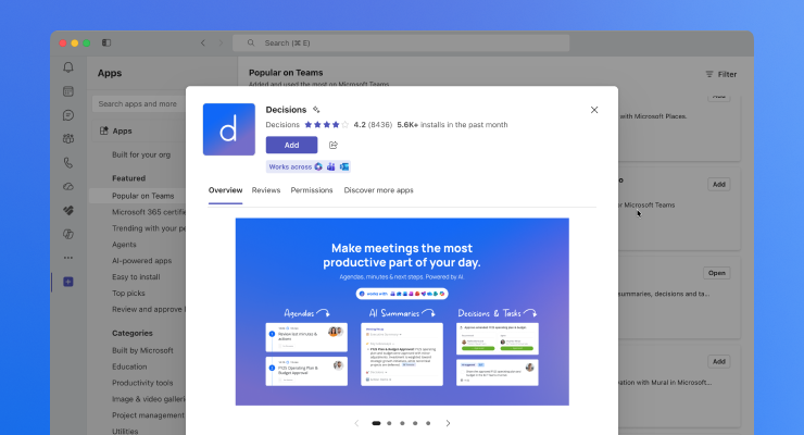 A Microsoft Teams administrator adding Decisions for the organization