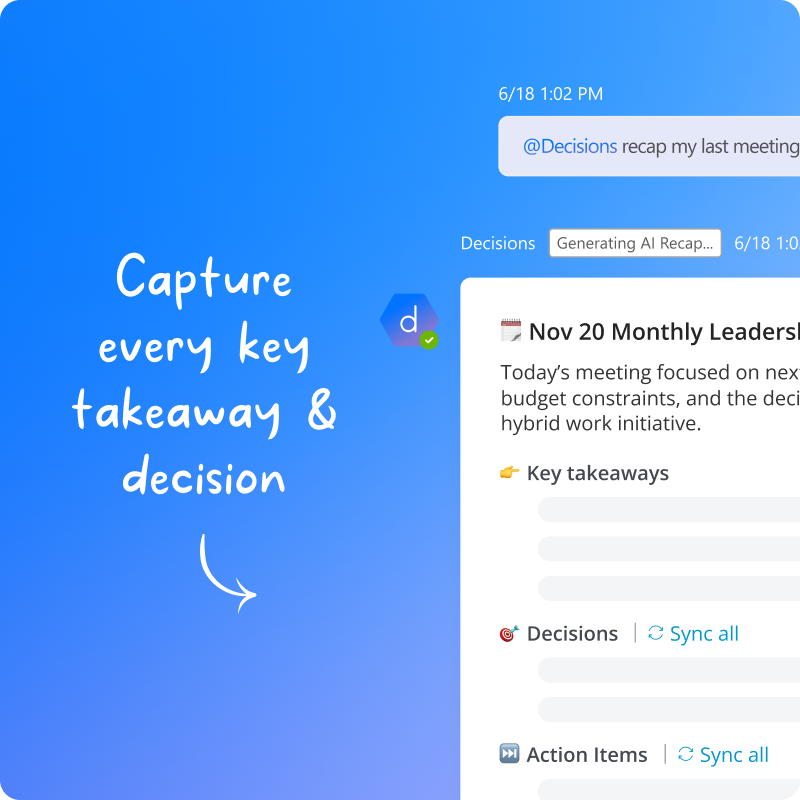 Decisions AI meeting summary inside Microsoft Teams showing decisions and action items.