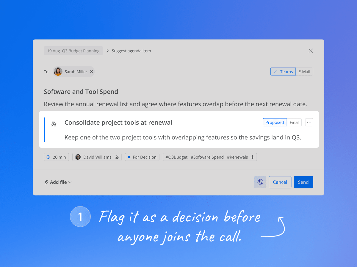 Decisions 'Suggest agenda item' dialog for the 19 Aug Q3 Budget Planning meeting. The item Software and Tool Spend carries a decision, 