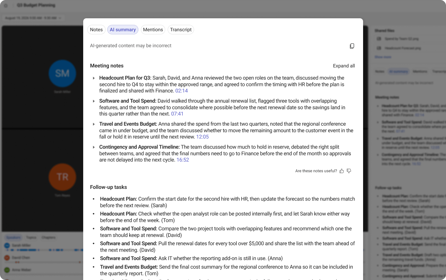 Screenshot of a Microsoft Teams AI meeting recap for a 'Q3 Budget Planning' meeting, showing AI-generated meeting notes and a list of follow-up tasks assigned to attendees.