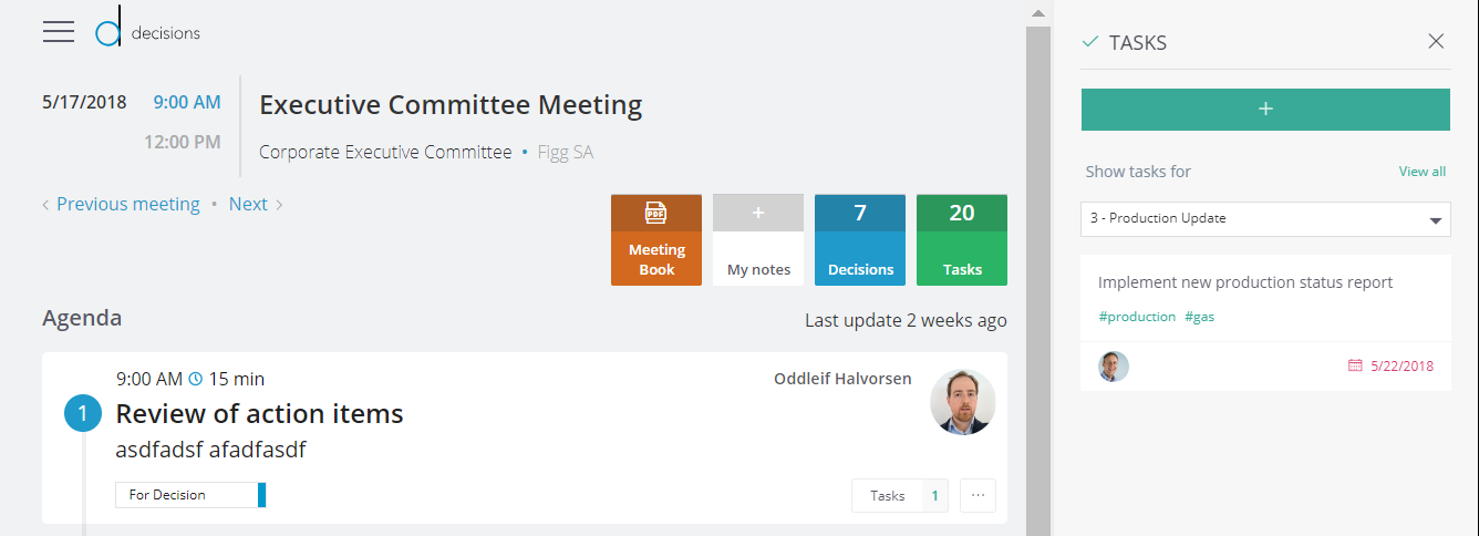 Decisions Meeting Task Panel