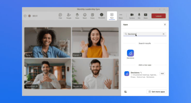 Adding Decisions to a Microsoft Teams meeting from the meeting side panel
