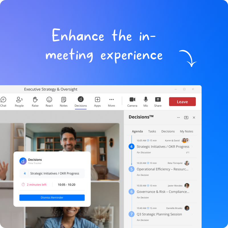Microsoft Teams meeting in progress with the Decisions agenda keeping the discussion on time and on track.