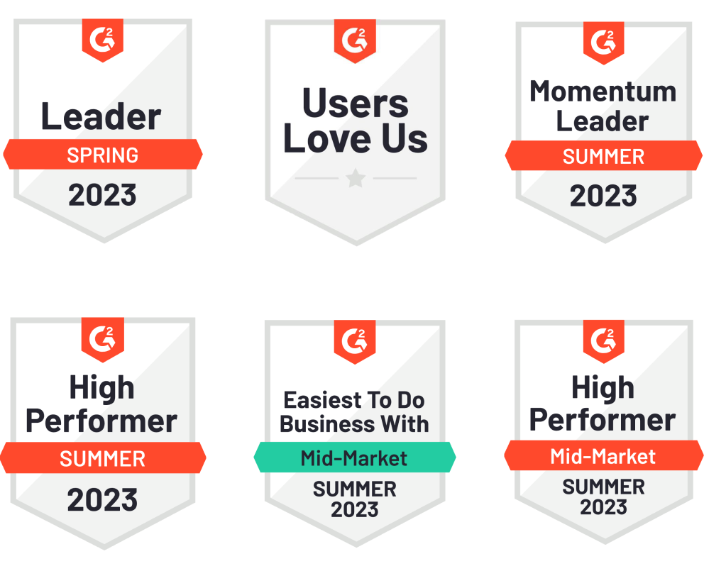 Six G2 badges received by Decision, including Leader, Spring 2023; Users Love Us; Momentum Leader, Summer 2023; High Performer, Summer 2023
