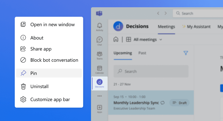 Pinning the Decisions app in Microsoft Teams to keep it one click away