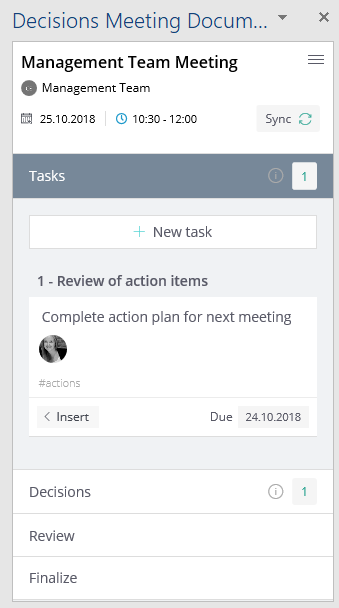 Sync Task and Decision Sidebar