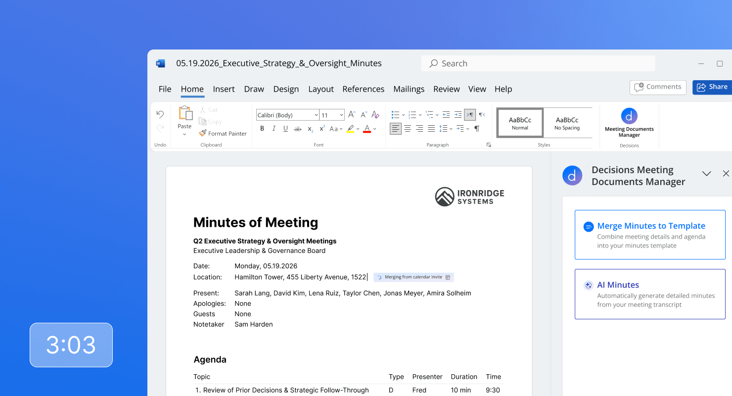 Video (3 min): Creating meeting minutes in Word with the Decisions Meeting Documents Manager — merge minutes to a template or generate AI minutes from a transcript