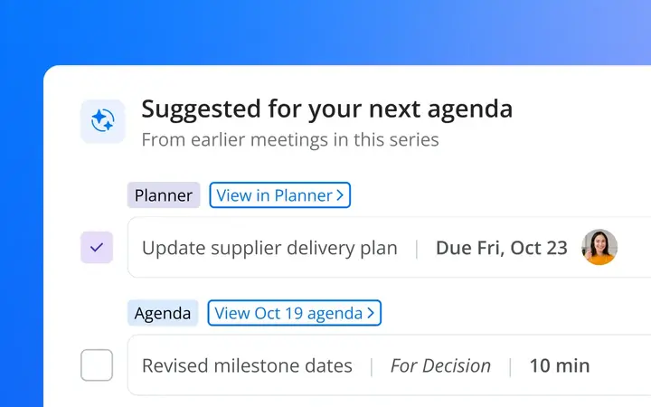 The Agenda Assistant suggesting an open Planner task and an agenda item from earlier meetings for the next agenda