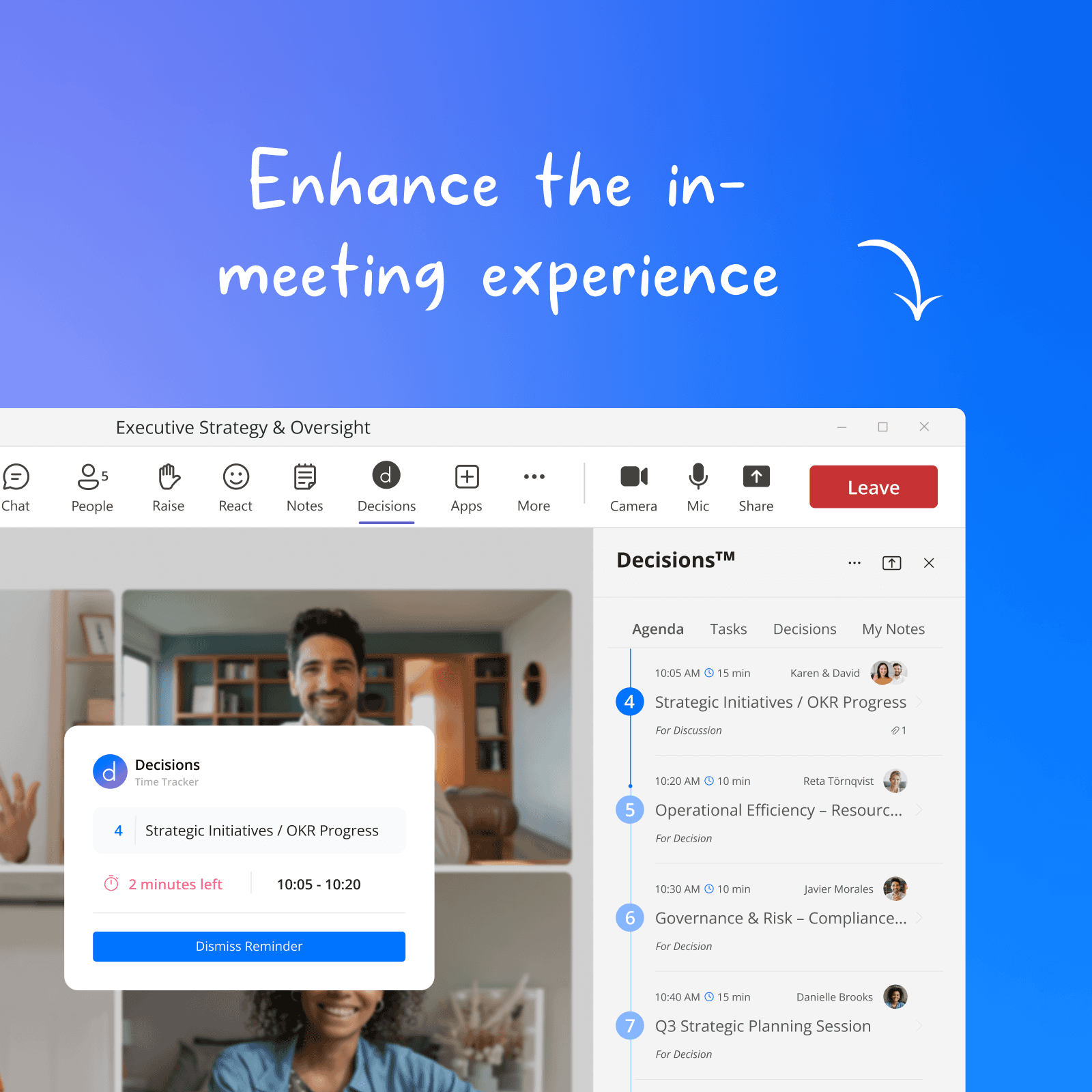 Decisions side panel in a live Microsoft Teams meeting showing the timed agenda, assigned presenters, and a Time Tracker with two minutes left on the current topic.