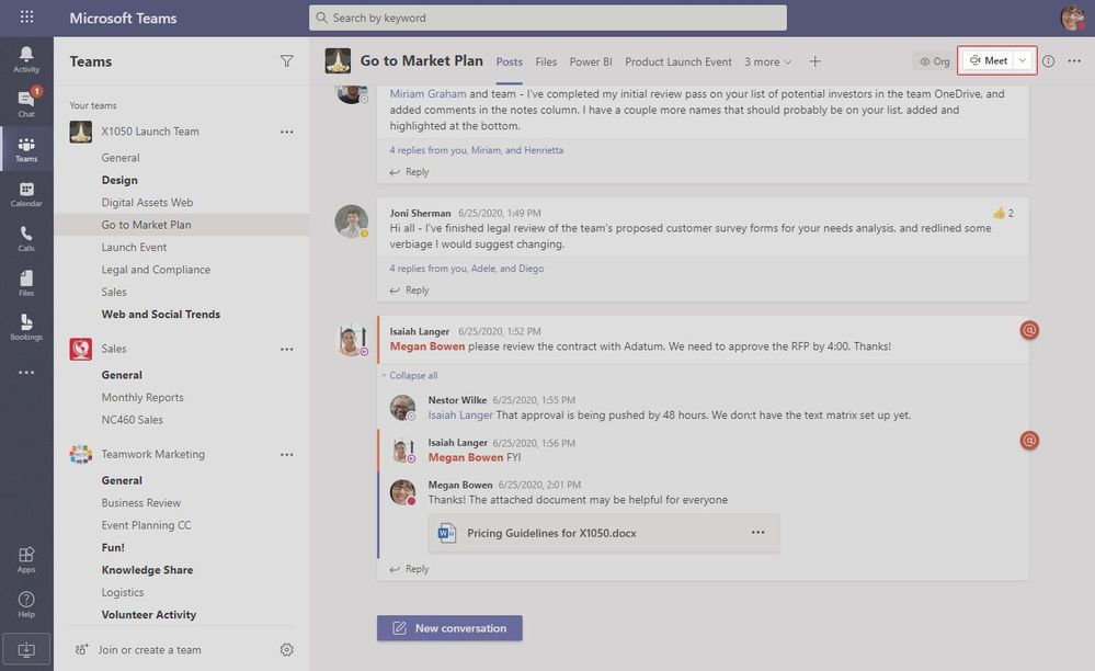Microsoft Teams chat window and meet now button