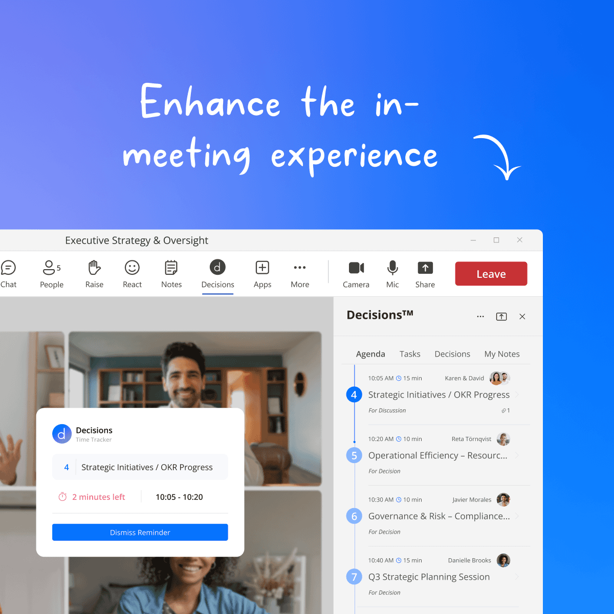 Decisions side panel in a live Microsoft Teams meeting showing the timed agenda, assigned presenters, and a Time Tracker with two minutes left on the current topic.