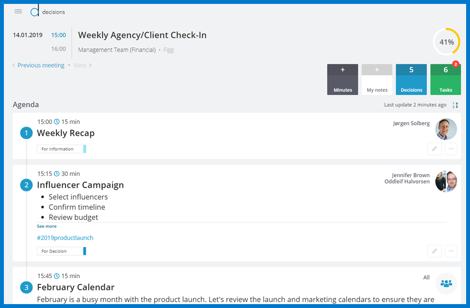 Screenshot of the Decisions app showing a structured meeting agenda with timed topics, assigned owners, and purpose labels